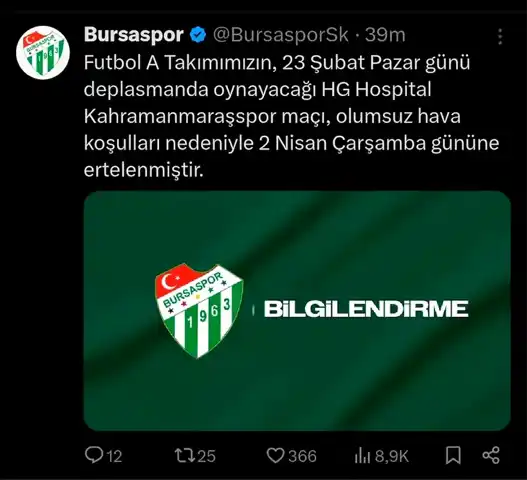 Bursaspor-Kahramanmaraşspor Maçı Ertelendi!